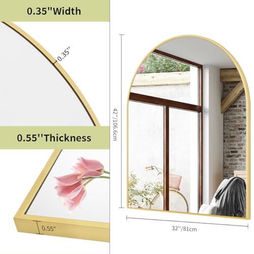 Image of BEAUTYPEAK 32 inchx42 inch Arch Bathroom Mirror, Wall Mounted Vanity Metal Frame Mirror for Bedroom, Entryway, Living Room, Gold