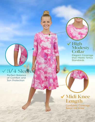 Image of Shira Modest Girls Swim Dress | 3 /4 Sleeve Swimdress, Full Coverage Bathing Suit | Tznius UPF 50+ Quick-Dry