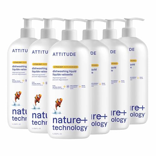 Image of ATTITUDE Dish Soap, EWG Verified, Plant-Based & Vegan Dishwashing Liquid, Naturally Derived, Citrus Zest Scent, 33.8 Fl Oz (Pack of 6)