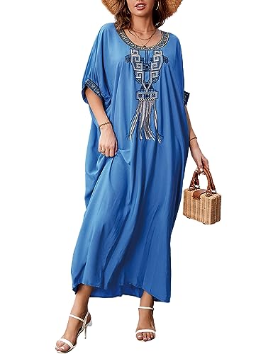 Bsubseach Embroidery Kaftan Dresses for Women Long Beach Swimsuit Cover Up Plus Size Caftan Summer Loungewear Blue