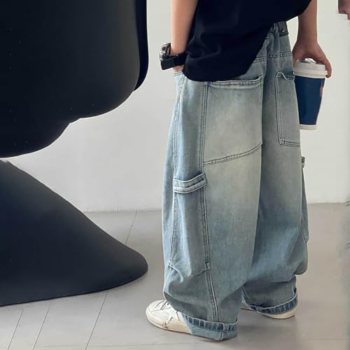 Teen Boys Wide Leg Jeans 2025 Baggy Casual Elastic Waisttd Y2k Stretchy Lightweight Comfortable Denim Pants4