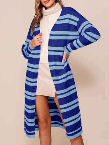Saodimallsu Womens Striped Long Cardigans Open Front Color Block Long Sleeve Loose Knit Fall Duster Sweater Coat3