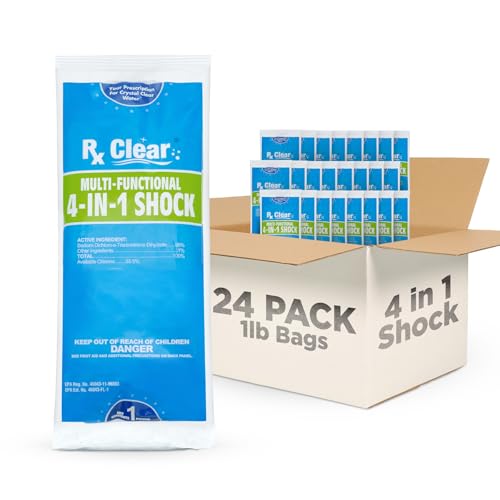 Rx Clear Multi-Functional 4-in-1 Swimming Pool Shock - 99% Sodium Dichloro-s-Triazinetrione Dihydrate - Kills Bacteria and Algae - One-Pound Bags - 24-Pack