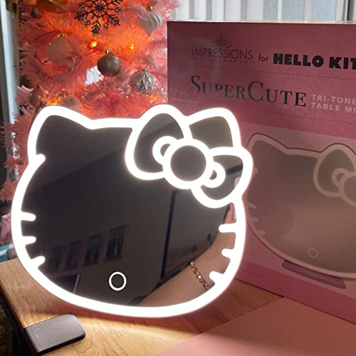 Impressions Vanity Supercute Hello Kitty Tabletop Mount Desk Mirror With Lights And Soft Touch Sensor Switch, Adjustable Tri Tone Led Lighted Makeup Mirror With Hidden Extendable Tray And Phone Holder #TOP6