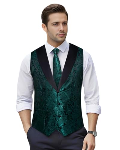 Image of DiBanGu Mens Paisley Suit Vest Silk Jacquard Waistcoat and Necktie Set Formal Shawl Collar Dress Vest 7PCS for Wedding Party