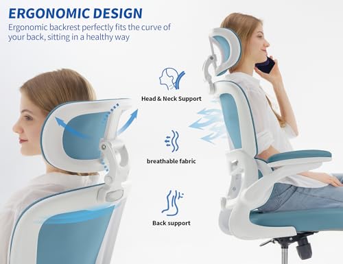 Image of TRALT Ergonomic Office Chair - Desk Chair with Adjustable Headrest Lumbar Support Computer Chair - Mesh Comfy Chair with Flip-up Armrests - Gaming Chairs for Adults Home Office (PU Leather, Blue)