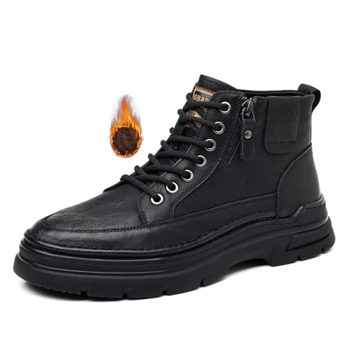 Image of Men'S Leather Chukka Boot With Side Zipper Round Toe Comfort Fleece-Lined Anti-Slip Platform Lace-Up Casual Oxford Boots For Hiking Travel Motorcycle