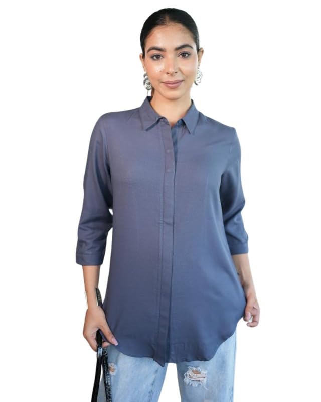 Image of Mlada Hemline Solid Shirts for Women | 3 /4 Sleeves Classic Rayon Shirt for Office Wear | Collared Neck Shirt for Girls | Regular Fit Shirts | Smart Formal Button Down Shirt for Women