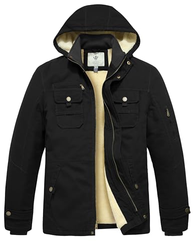 WenVen Men's Military Jacket Cotton Sherpa Lined Warm Coat with Hood (Black,L)
