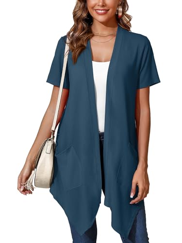 Image of Women's Lightweight Open Front Cardigans Short Sleeve Casual Soft Sheer Cardigan S-2XL with Pockets
