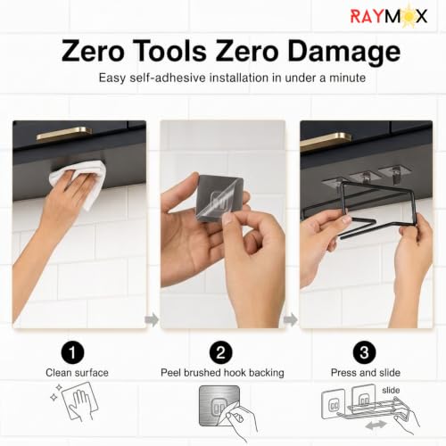 Image of RAYMOX Self Adhesive Wall Mounted 3 in 1 Multi Functional Kitchen Rack for Towel Holder, Tissue Paper Rack, Wine Glass Holder - No Drilling