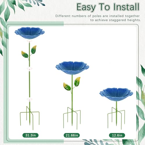 Image of 2 Pack Bird Bath for Outside, Outdoors Garden Decor Flower Birdbath | Colorful Metal Bird Bowl with Five Stakes for Hummingbird Baths & Bird Feeders, 31.3 inch H x 10.63 inch Dia (Royal Blue,Pink)