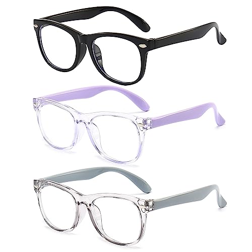 FANNYGO Kids Blue Light Blocking Glasses，Black, Light Purple, Light Gray