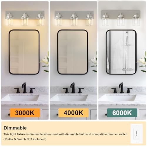 Image of IZORRO Bathroom Vanity Light Fixture, 3-Light 22 Inch Brushed Nickel Bathroom Light Fixtures Over Mirror, with Clear Glass Shade, Modern Farmhouse Vanity Lights, Rustic Restroom Lighting Fixtures