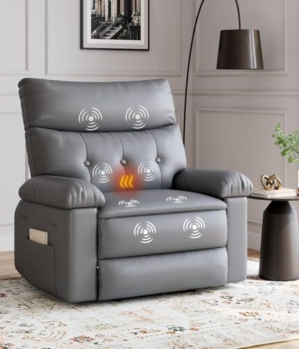 Image of Oversized Wide Manual Recliner Chair with Heat and Massage, Faux PU Leather Large Lazy Chair for Adults, 1.5X Thick Sponge, Easy Recline Mechanism for Living Room Relaxation, Gray