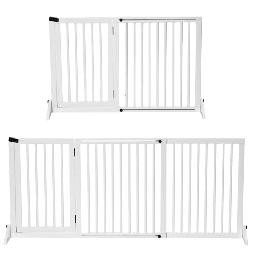 PawHut Absperrgitter Hund Freistehendes Verstellbares Schutzgitter mit Füßen 113-166 x 71 cm Holz Hundegitter Türschutzgitter Hundeabsperrgitter für Treppen, Türen, Küche, Flur, 3 Paneelen, Weiß