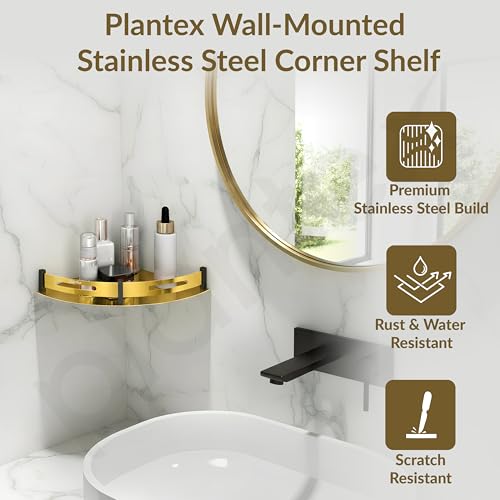 Image of Plantex Bathroom Corner Rack for Wall /Stainless Steel Shelf for Bathroom Corner with Railings /Bathroom Accessories Holder (12x12 inches, PVD Gold & Black)