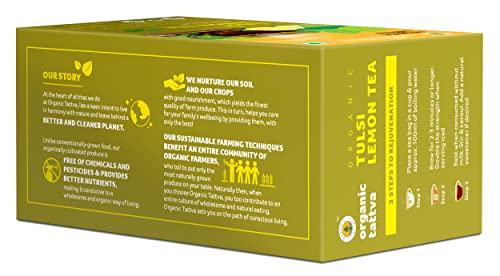 Image of Organic Tattva 20 Lemon Tea Bag | Tulsi and Green Tea Blend | All-Natural Flavor | Zero Calories | Refreshing Lemon Tea Anytime, Anywhere (Pack of 3)