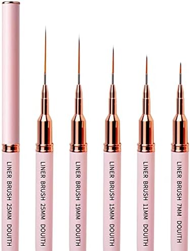 Nail Art Liner Brushes Set, DOUITH 5pcs Nail Design Brush, Super Fine Striper Brush Set for Long Lines, Thin Details, Fine Drawing, Delicate Coloring, Elongated Lines, Pink Metal Handle Nail Brushes, Designs-Sizes 5/7/11/20/25mm