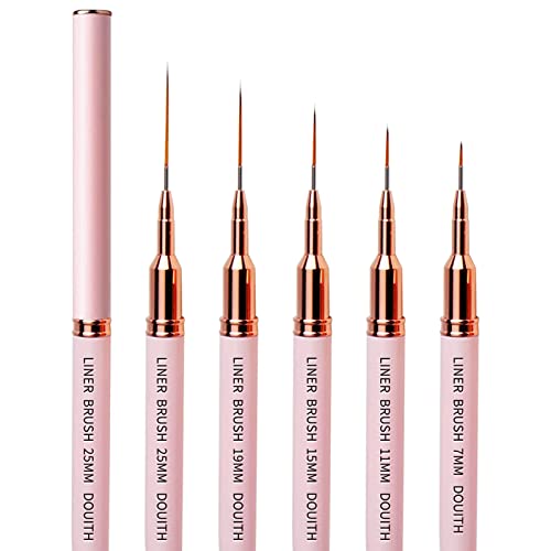 Nail Art Liner Brushes Set, Douith 5Pcs Nail Design Brush, Super Fine Striper Brush Set For Long Lines, Thin Details, Fine Drawing, Delicate Coloring, Elongated Lines, Pink Metal Handle Nail Brushes, Designs-Sizes 5/7/11/20/25Mm #TOP29