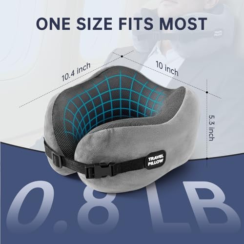 Image of Neck Pillow Travel Pillow - 100% Pure Memory Foam Airplane Pillow with Adjustable Clasp & Removable Cover, Portable Travel Essentials for Long Flights, Car & Office (Light Gray, with Eye Mask)