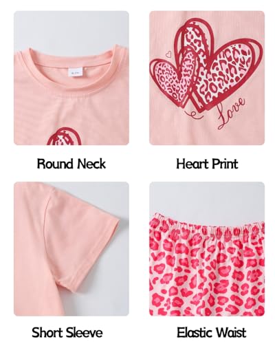 Image of 9-16Y Tween Girl Clothes 2 Piece Short Sleeve Heart Print Top and Shorts Teen Girl Summer Outfits Short Set