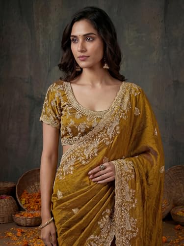 Image of SIRIL Women's Tissue Silk Scalloped Border Embroidery Saree with Unstitched Blouse Piece