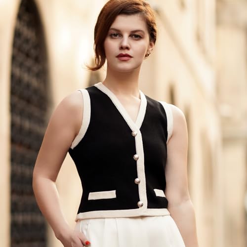 Image of Women's Striped Cropped Knit Vest - Sleeveless V Neck with Gold Buttons, Business Casual Multi-Season Layering Top