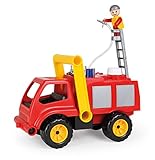Feuerwehrauto mit Stahlachsen, Hartreifen, ausklappbarer Feuerwehrleiter, Wassertank, Spritzfunktion und voll beweglicher Lena Spielfigur