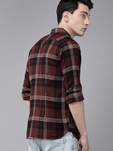 Image of THE BEAR HOUSE Men's Cotton Slim Brown Checks Casual Shirt | L |TBH-Walnut-BR-L |