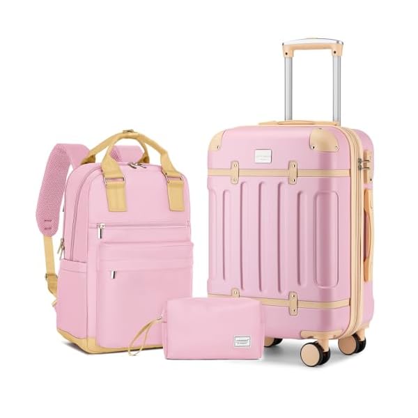 LARVENDER Luggage Sets 3 Piece Expandable Carry on Luggage 22x14x9 Airline Approved Hardshell Suitcase with Wheels TSA Lock, Lightweight Suitcase Set for Women with Travel Backpack, Light Pink