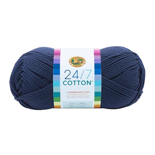 Image of Lion Brand Yarn (1 Skein) 24 /7 Cotton Yarn, Navy | Light Worsted 100% Mercerized Cotton Yarn for Crochet, Knitting, Craft, 185 Yards of Natural Fiber for Tees, Bags, Dishcloths