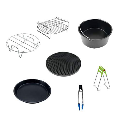7 Stücke Fritteuse Zubehör Set Friteuse Heißluftfritteuse Pfanne Backform Pizza Pan Grillrost Grill-Ständer Untersetzer Küchenzange für