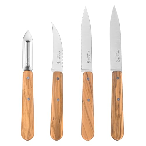 Opinel 254458 Essentials Küchenmesser Set-4 teilig-rostfreier Sandvik Stahl-Olivenholz Griffe, Mehrfarbig