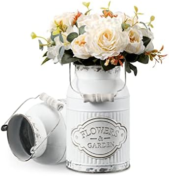 APSOONSELL French Style Shabby Chic Decor White Farmhouse Decor Metal Flower Vase Galvanized Decor for Kitchen, Bathroom, Sparklers for Weddings