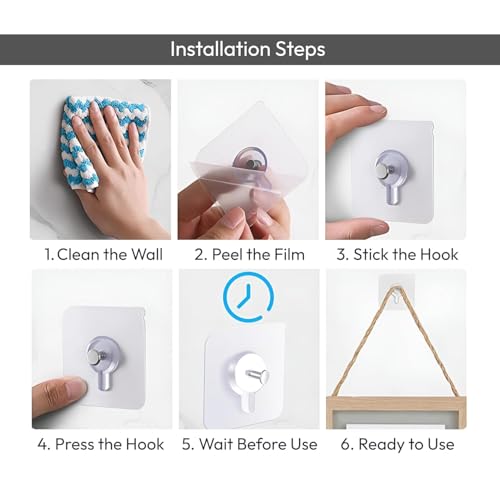 Image of AF ENTERPRISE Photo Frame Hooks for Wall Without Drilling, 10 Pack Self Adhesive Hooks for Wall Heavy Duty Strong Nail Free for Hanging Photo Frame (Hanging Hook, Transparent) Stainless Steel