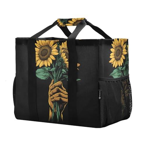 Large Waterproof Travel Tote Bag for Women Men, Hand Flower Sunflowers Canvas Beach Bag with Lining & Pockets - Reusable Grocery/Laundry/Kitchen/Pool/Picnic Tote (15.4x9.8x12.8in)2
