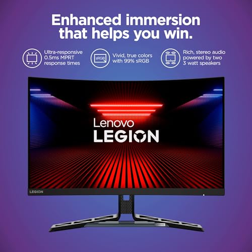 Image of Lenovo Legion R27fc-30 Gaming Monitor, 27 inch FHD Curved, 280Hz, 0.5ms MPRT, AMD FreeSync, VESA Adaptive Sync, Lift /Tilt /Pivot /Swivel Stand, HDMI 2.1 and DisplayPort 1.4, 350 nits, Raven Black