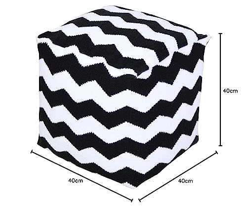 HOMESCAPES Black and White Square Cube Pouffe Chevron Style with Filling - 40x40x40 cm - Image 2