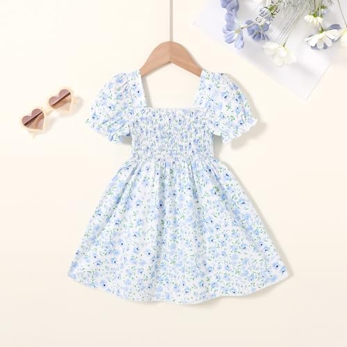 Toddler Baby Girl Summer Square Neck Floral Dress Bubble Short Sleeve Ruffle Smocked Sundress2