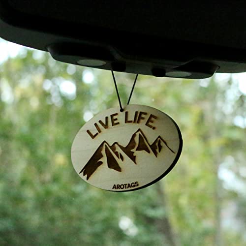 Arotags Wooden Car Air Freshener - Long Lasting Cool Breeze Scent Diffuses For 365+ Days - Includes Live Life Mountain Hanging Mirror Diffuser And Fragrance Oil - 100% American Made #TOP5