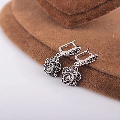 Vintage Earrings For Women Black CZ Rose Flower Drop Earrings Jewelry3