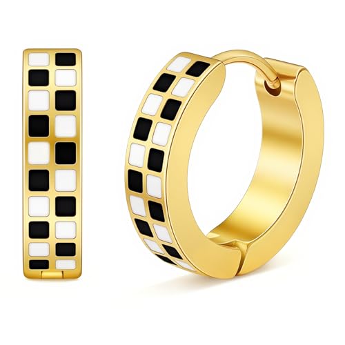 Enamel Earrings Checkered Huggie Small Hoop Earrings,Hypoallergenic 18K Gold Plated Surgical Stainless Steel,Chic Black and White Checkered Cartilage Earrings for Women Birthday Daily Wear (Gold)