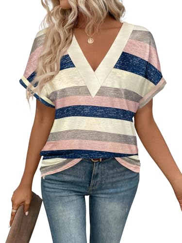 Image of T Shirts Short Sleeve V Neck Tees Womens Tops Beach Vacation Fashion Clothes 2026 Casual Summer Spring Fall Outfits