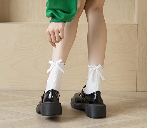 Image of Womens Bow Socks Ruffle Casual Crew Black Whitte Soft Breathable Cotton 4 Pairs Socks