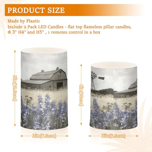 Image of Farmhouse Landscape Wildflowers Barn Windmill Flickering Flameless Candles LED Battery Operated with Remote Timer Pillar Candles for Home Birthday Wedding Christmas Decor, Set of 2