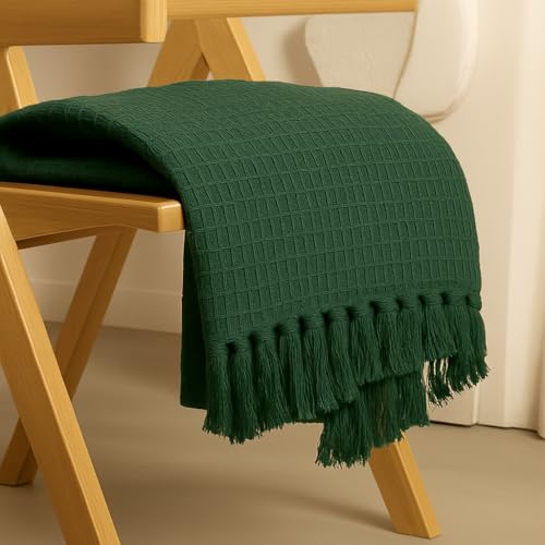 Image of Furnistitchs Bohemian Cotton Sofa Throw Blanket 50x60 inches | Waffle Knit & Chevron Pattern with Fringes | Aesthetic Decorative Couch Throw for Living Room & Bedroom (Bottle Green Waffle)