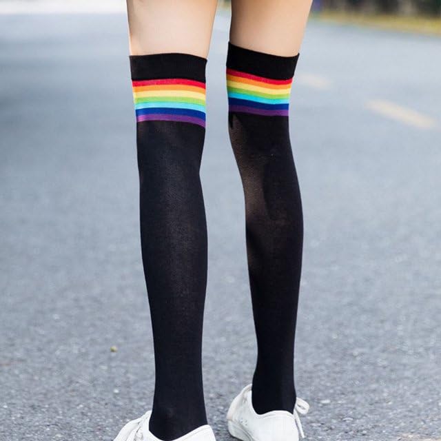 Image of AQOKKA Extra Long Thigh High Socks for Women Striped Over Knee Thigh Socks Long Boot Thigh High Stockings Leg Warmers