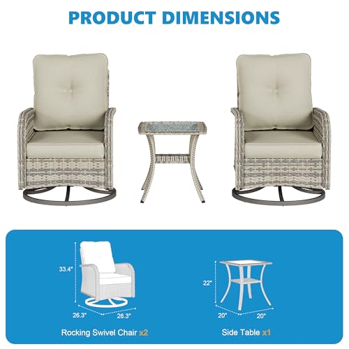 Image of 3-Piece Small Patio Furniture Set, Outdoor Swivel Rocking Chairs Set with Wicker Chairs and Tempered Glass Side Table, Outdoor Furniture Patio Bistro Set for Balcony, Deck, Porch