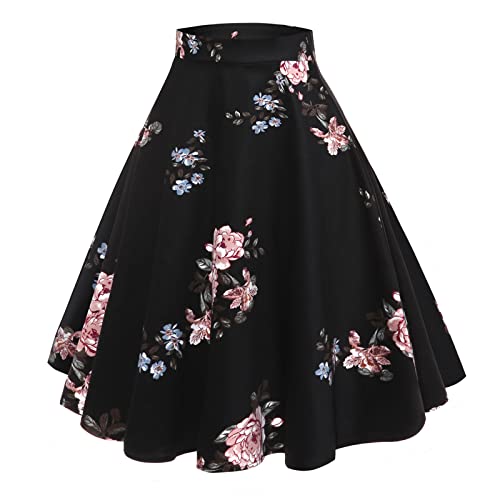 Odizli Skirts for Women UK Summer Ladies Elasticated Waist Vintage 1950s Fancy 1940s Audrey Hepburn 50s Adult A Line Tutu Pleated Skater Midi Skirt Cocktail Swing Dress Plus Size Black Peony XXL - Image 2